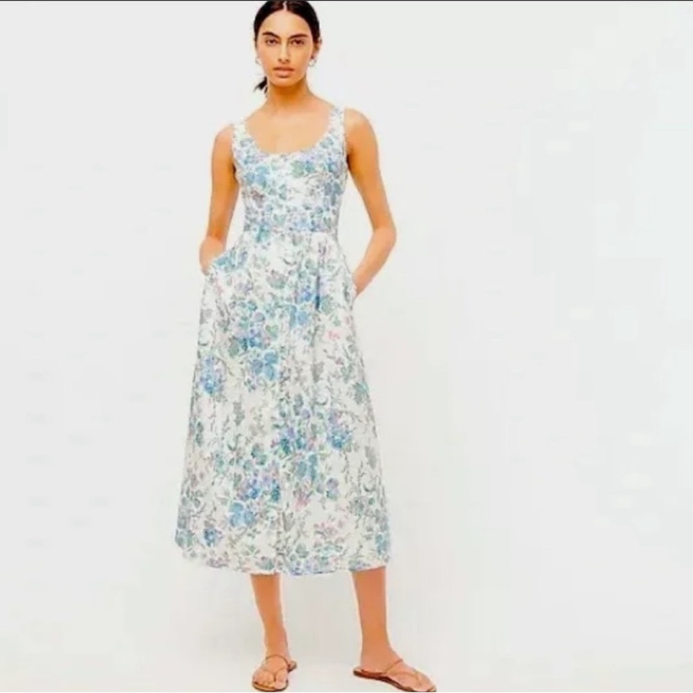 NWT J. Crew Button Front Cotton Poplin Dress in English Garden sz 4 Cream Midi
